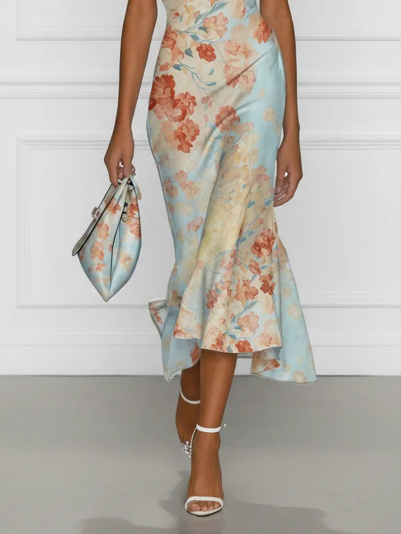 Victoria - Vestido midi de corte sirena sin mangas, con hombros al aire y estampado floral azul