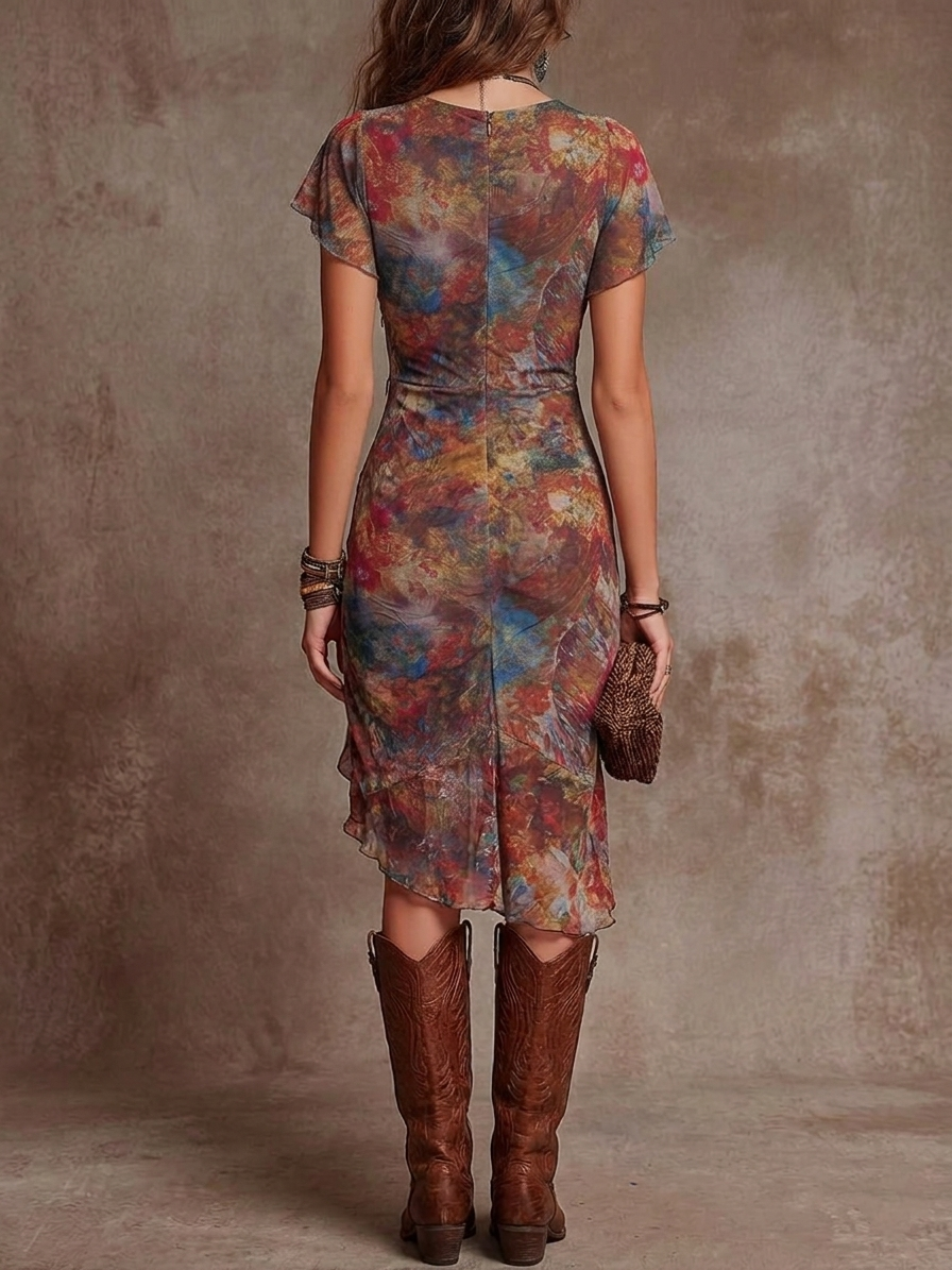 Martina: vestido midi plisado con cuello en V y estampado abstracto de estilo bohemio