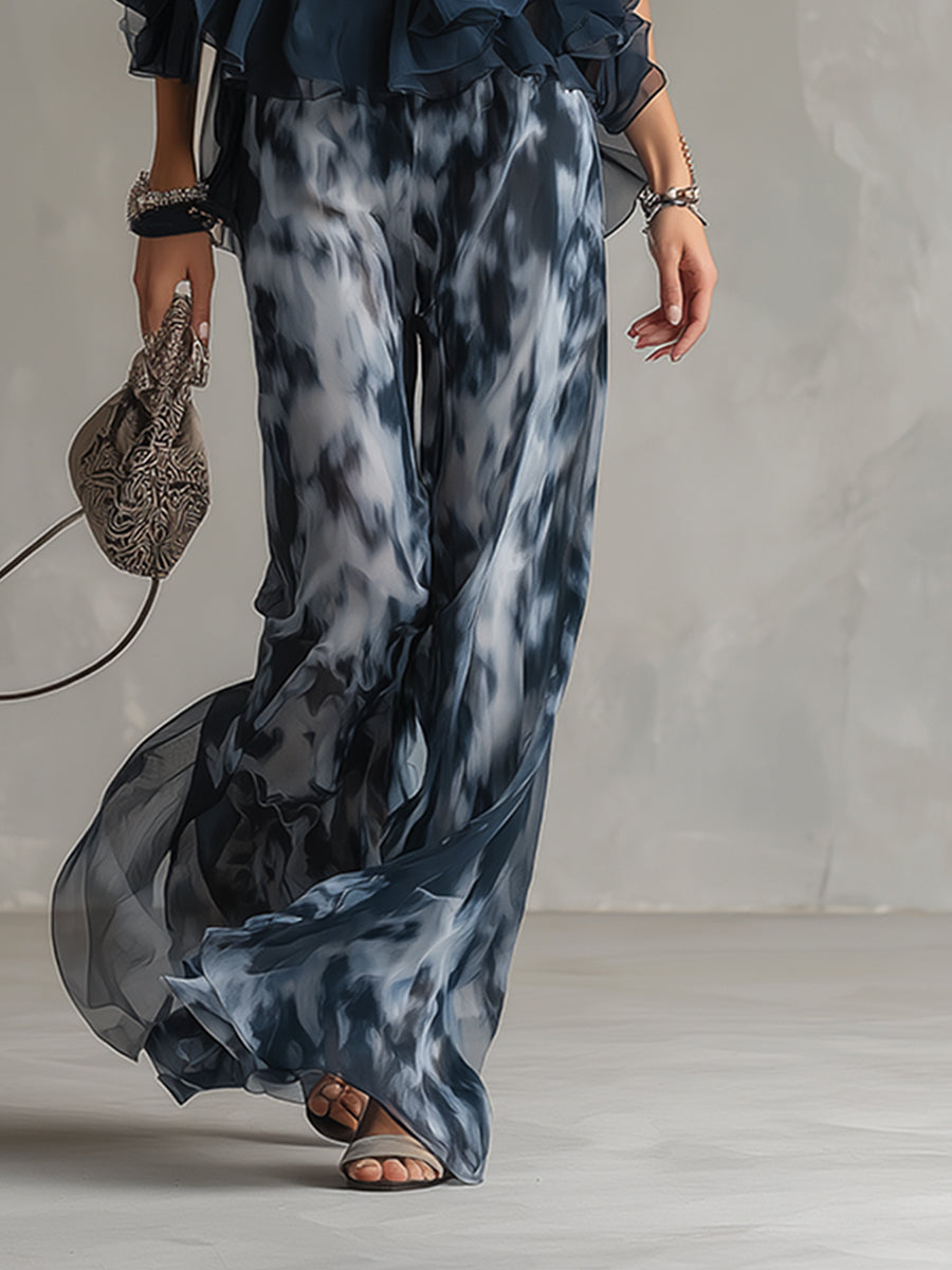 Ludovica | Elegante conjunto de top halter azul marino y pantalón ancho estampado
