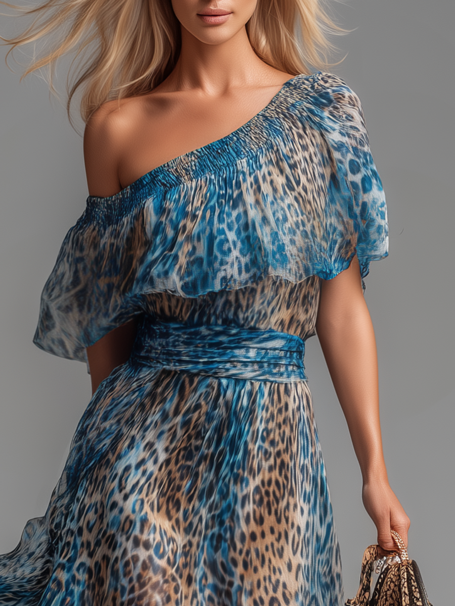 Salvaje- Vestido largo de gasa con estampado de leopardo y diseño con hombros al aire