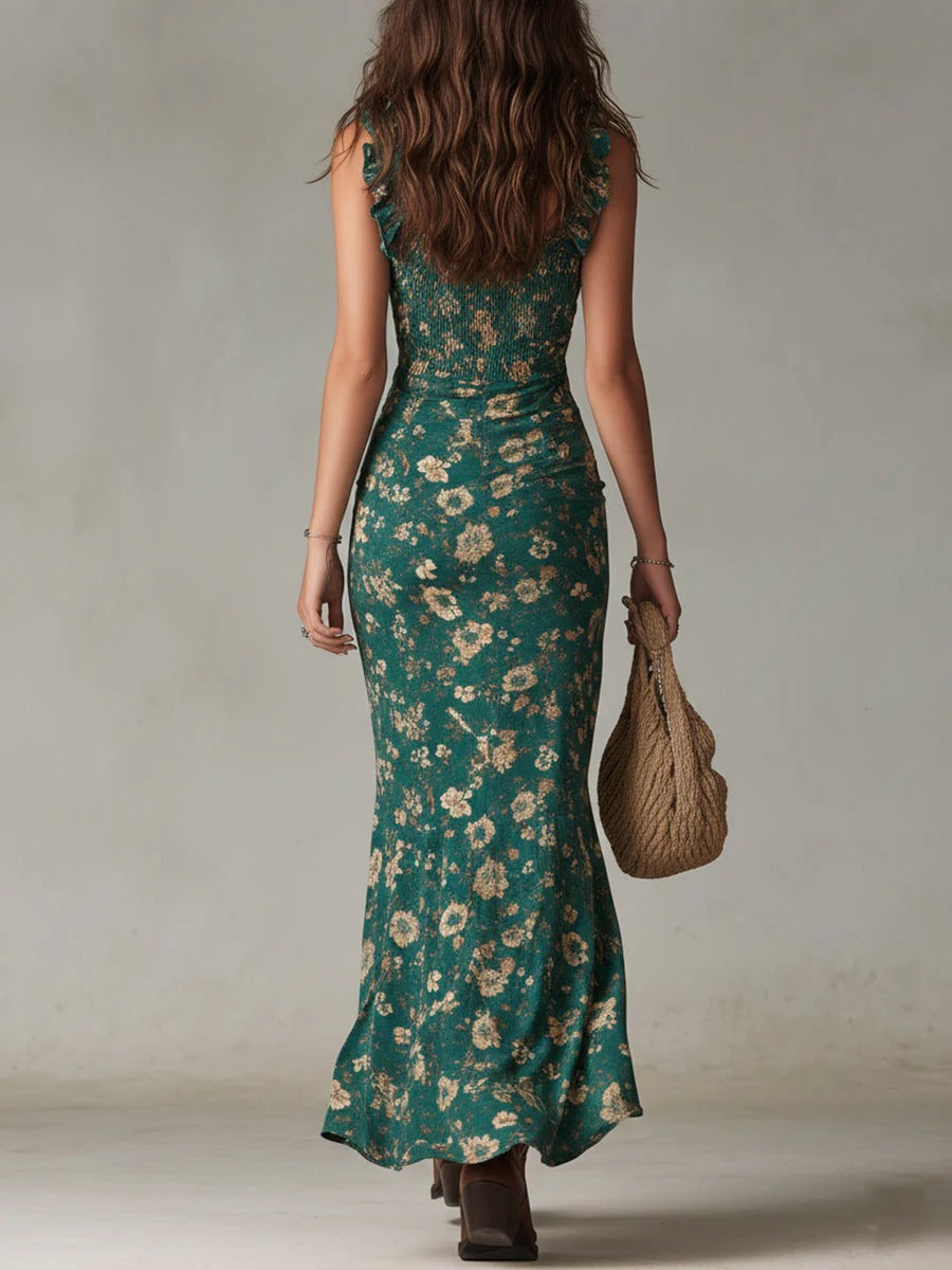 Zara | Vestido largo bohemio con estampado floral y fruncidos, con abertura lateral