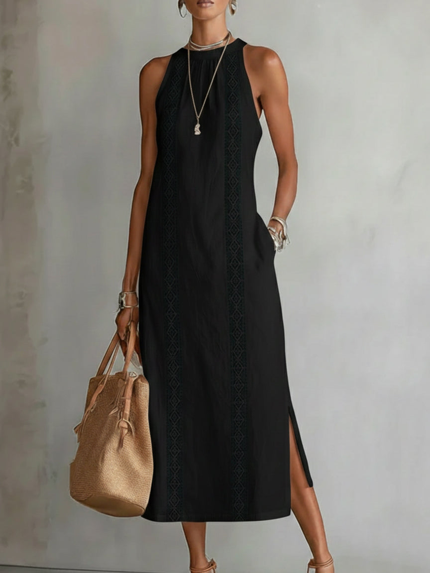 Jimena | Vestido midi holgado con cuello mao bordado