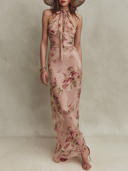 Lia: elegante vestido largo de gasa con estampado floral y escote en forma de ojo de cerradura