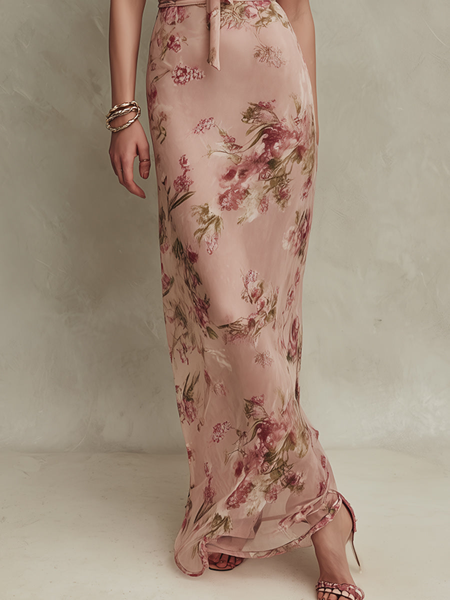 Lia: elegante vestido largo de gasa con estampado floral y escote en forma de ojo de cerradura