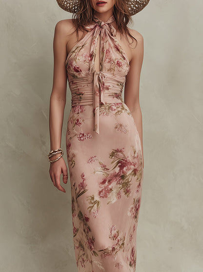 Lia: elegante vestido largo de gasa con estampado floral y escote en forma de ojo de cerradura