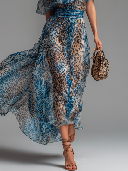 Salvaje- Vestido largo de gasa con estampado de leopardo y diseño con hombros al aire