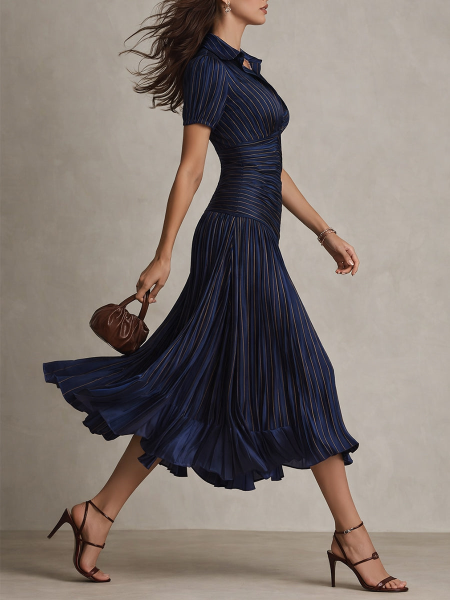 Adriana - Vestido midi de satén a rayas de estilo retro