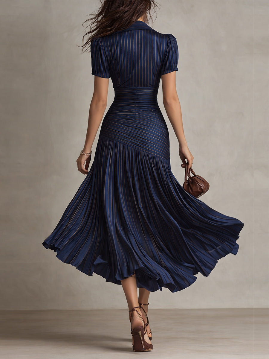 Adriana - Vestido midi de satén a rayas de estilo retro