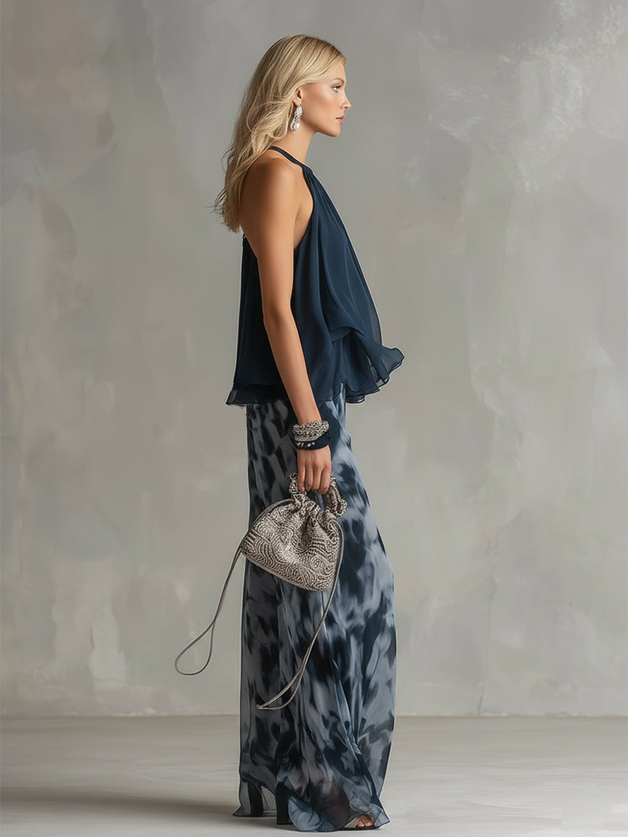 Ludovica | Elegante conjunto de top halter azul marino y pantalón ancho estampado