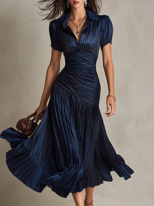 Adriana - Vestido midi de satén a rayas de estilo retro