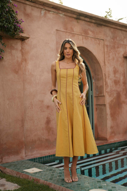 VESTIDO FLORA LINO MOSTAZA
