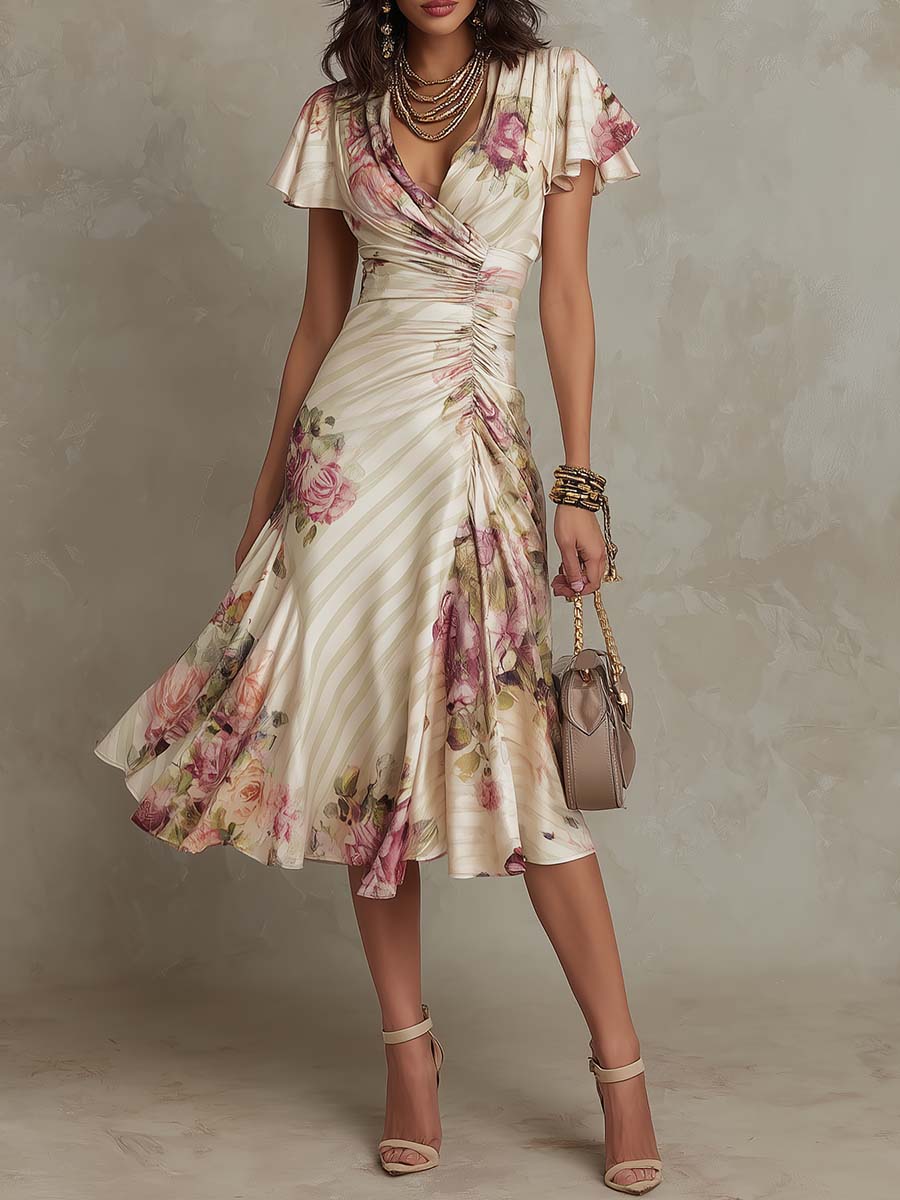Alba | Elegante vestido midi cruzado con fruncidos y estampado floral