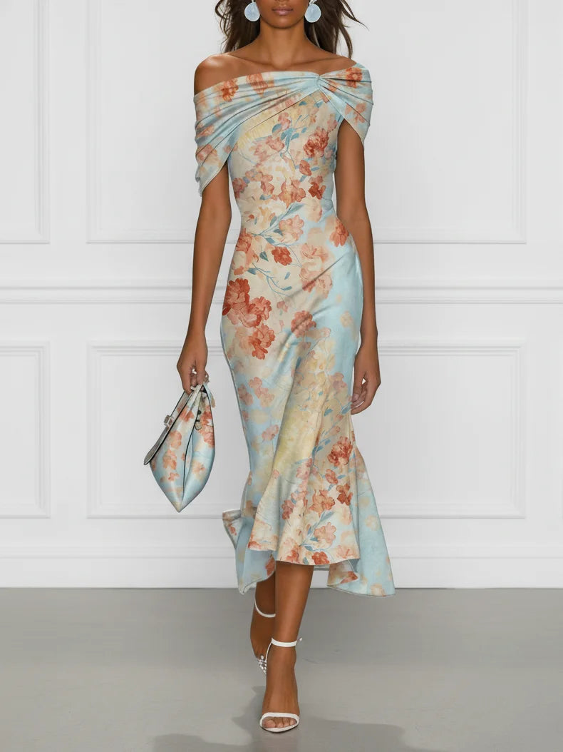 Victoria - Vestido midi de corte sirena sin mangas, con hombros al aire y estampado floral azul