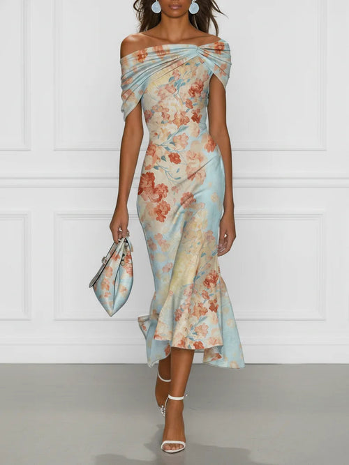 Victoria - Vestido midi de corte sirena sin mangas, con hombros al aire y estampado floral azul