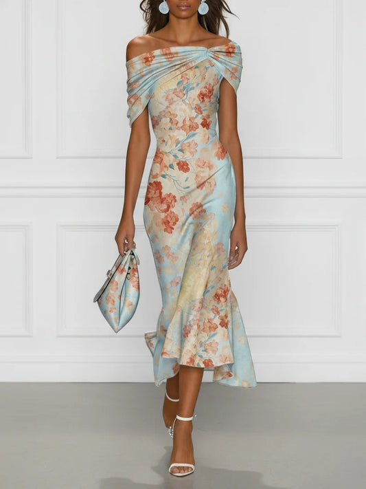 Victoria - Vestido midi de corte sirena sin mangas, con hombros al aire y estampado floral azul