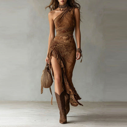 Elena | Vestido largo estampado de un solo hombro con volantes y abertura