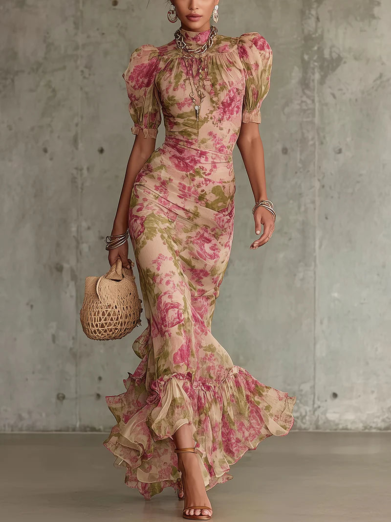 Fiora | Vestido largo romántico de estilo vintage con estampado de rosas y mangas abullonadas