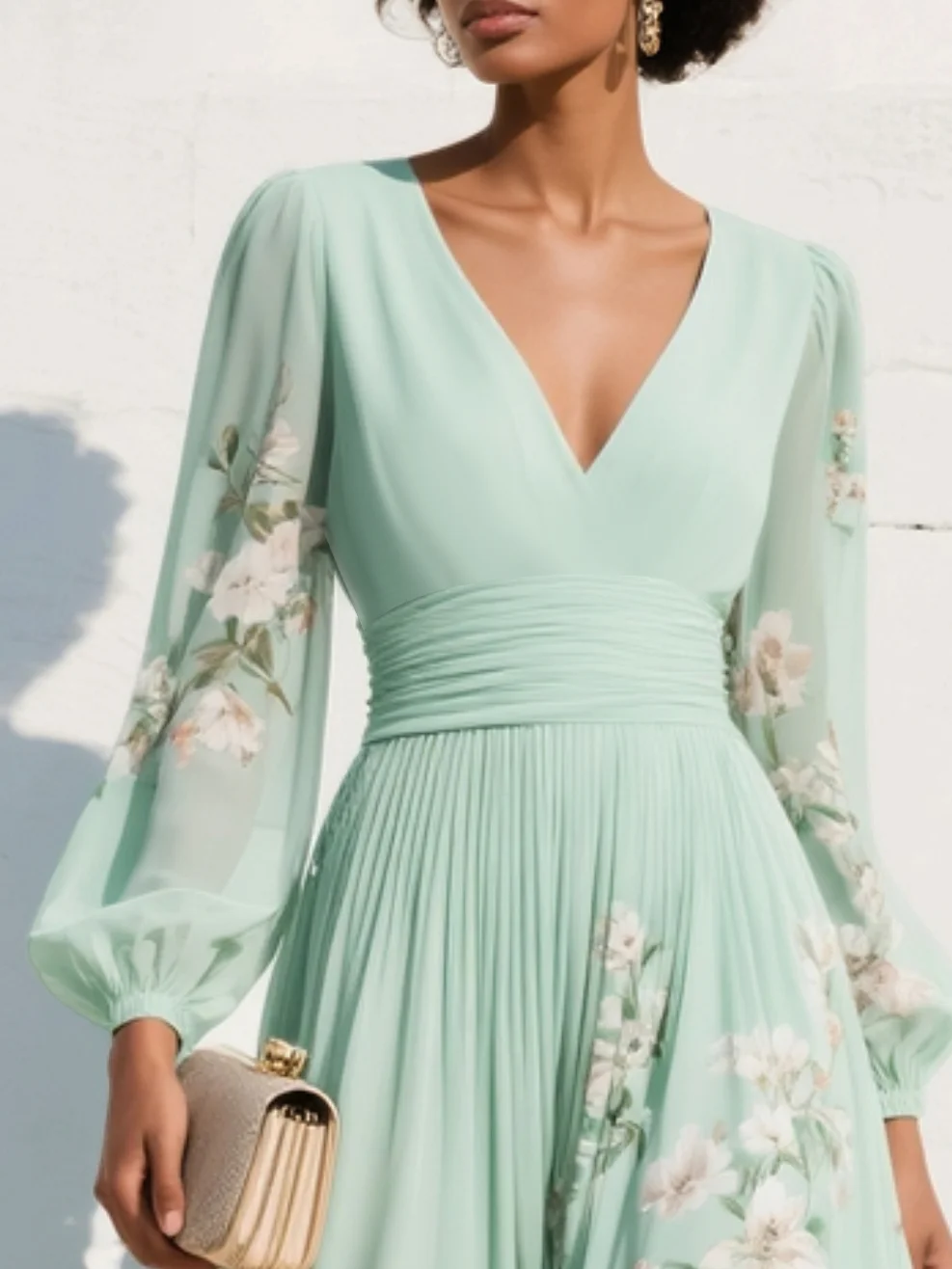 Vestido largo de gasa plisada en verde menta con estampado floral para mujer