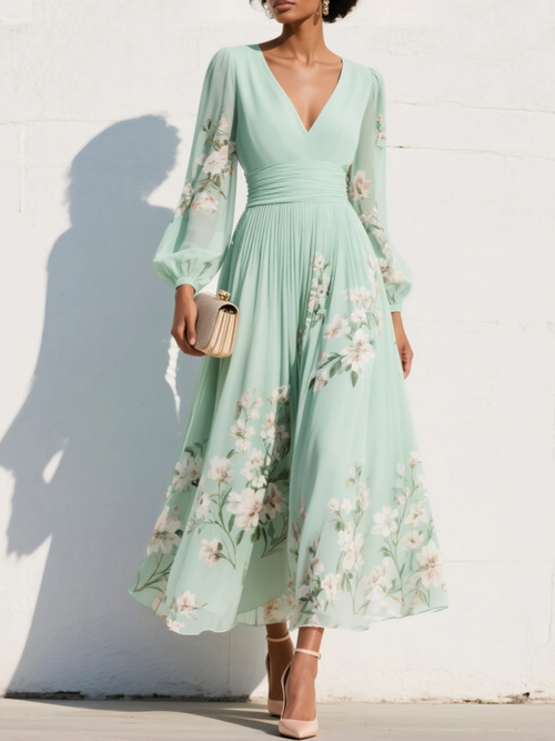 Vestido largo de gasa plisada en verde menta con estampado floral para mujer