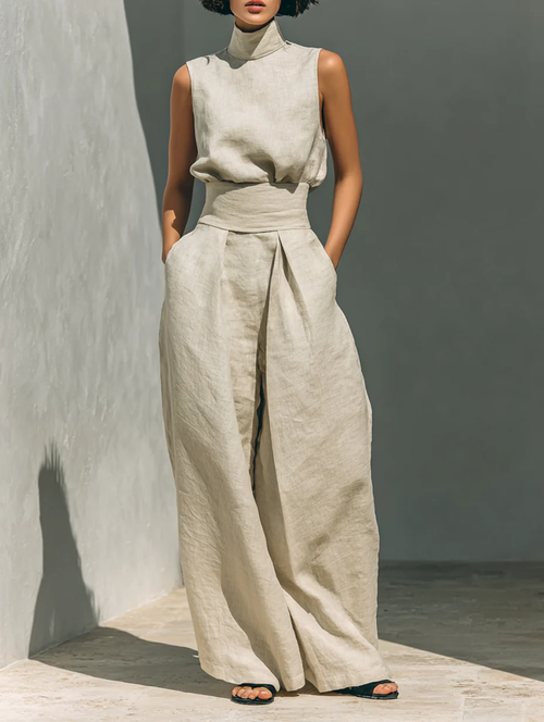 Aurora | Conjunto de dos piezas sin mangas y de corte ancho en color beige