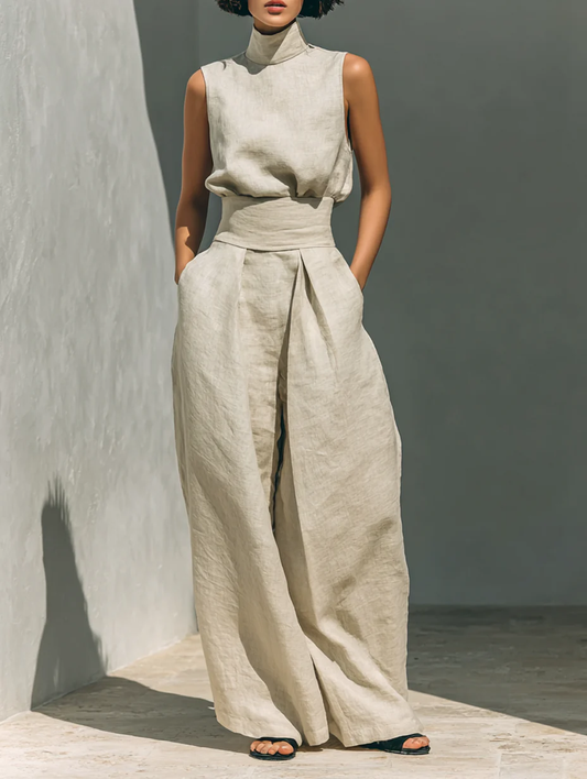 Aurora | Conjunto de dos piezas sin mangas y de corte ancho en color beige
