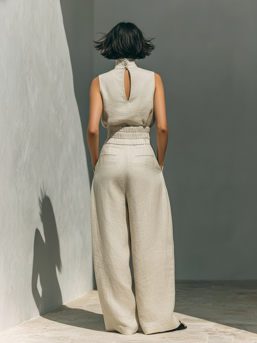 Aurora | Conjunto de dos piezas sin mangas y de corte ancho en color beige