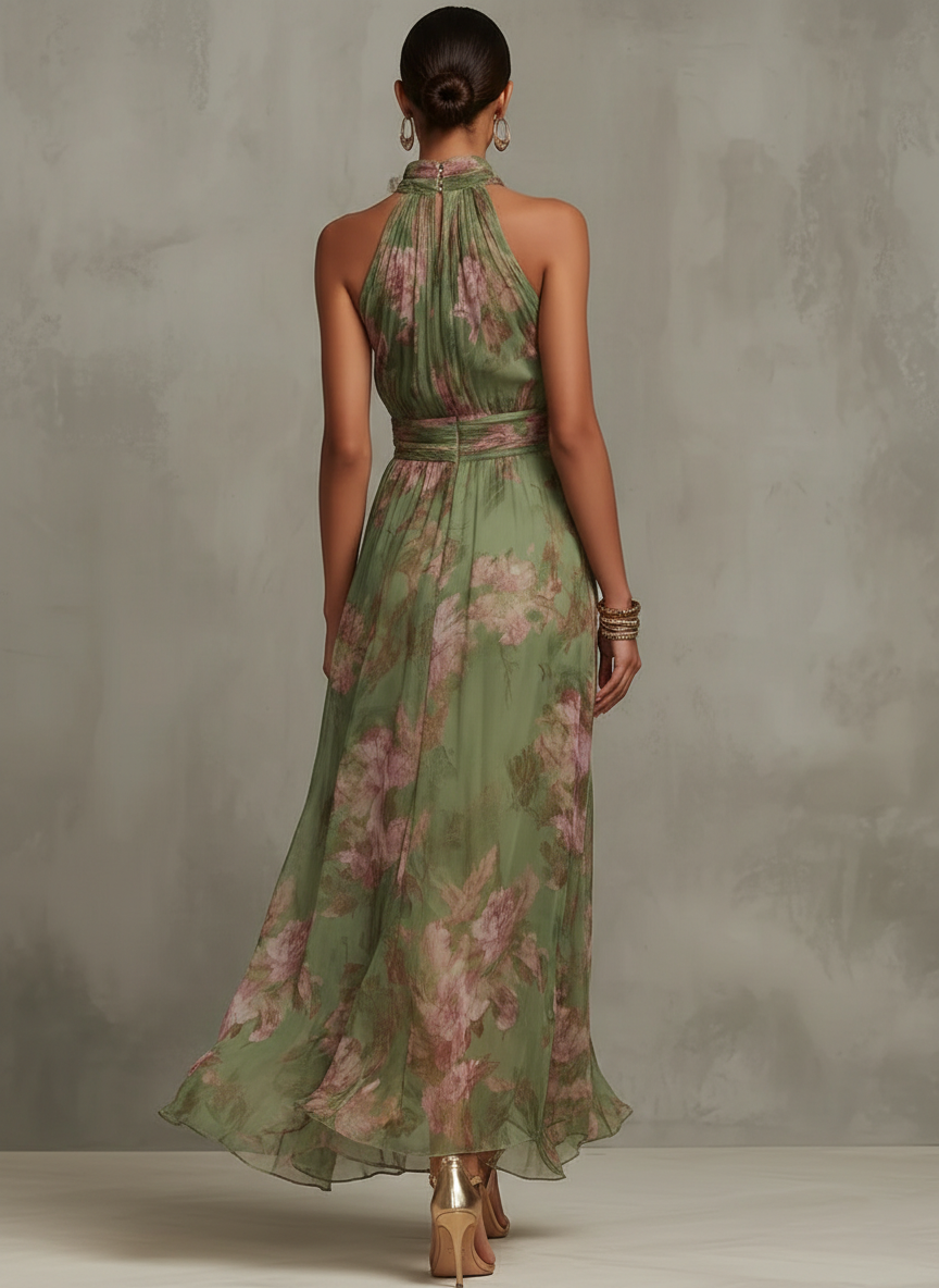 Serena — Elegante vestido largo de tirantes al cuello con estampado floral en gasa