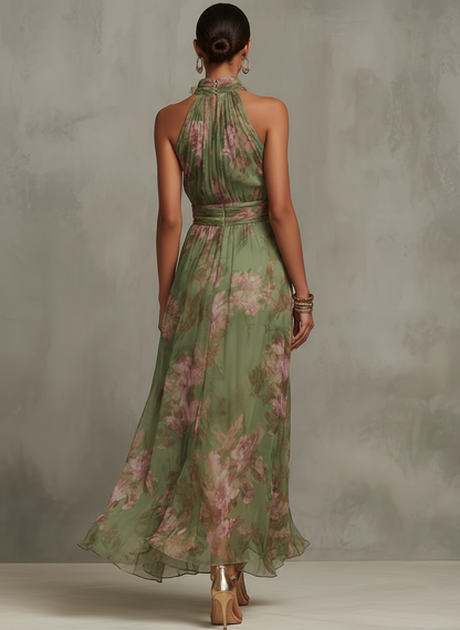 Serena — Elegante vestido largo de tirantes al cuello con estampado floral en gasa