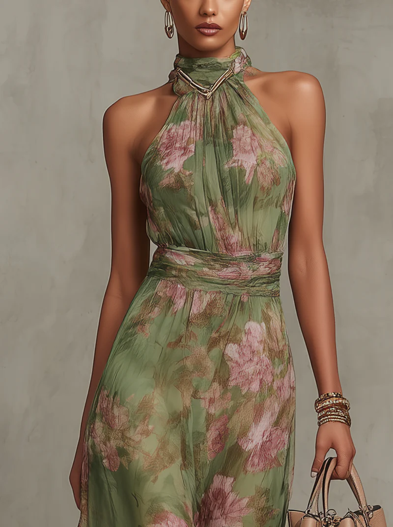Serena — Elegante vestido largo de tirantes al cuello con estampado floral en gasa