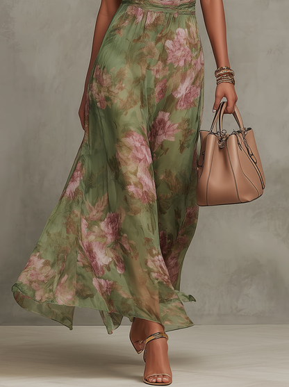 Serena — Elegante vestido largo de tirantes al cuello con estampado floral en gasa
