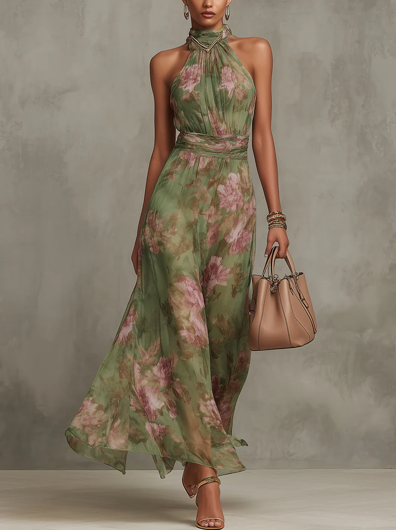 Serena — Elegante vestido largo de tirantes al cuello con estampado floral en gasa