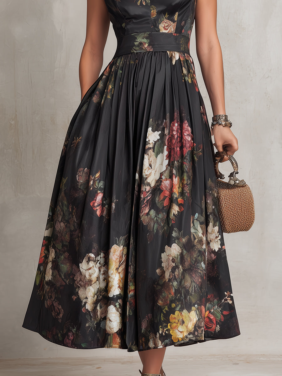 Violeta - Vestido midi negro de satén plisado con estampado floral y escote en forma de ojo de cerradura
