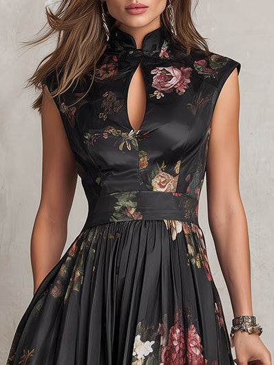 Violeta - Vestido midi negro de satén plisado con estampado floral y escote en forma de ojo de cerradura