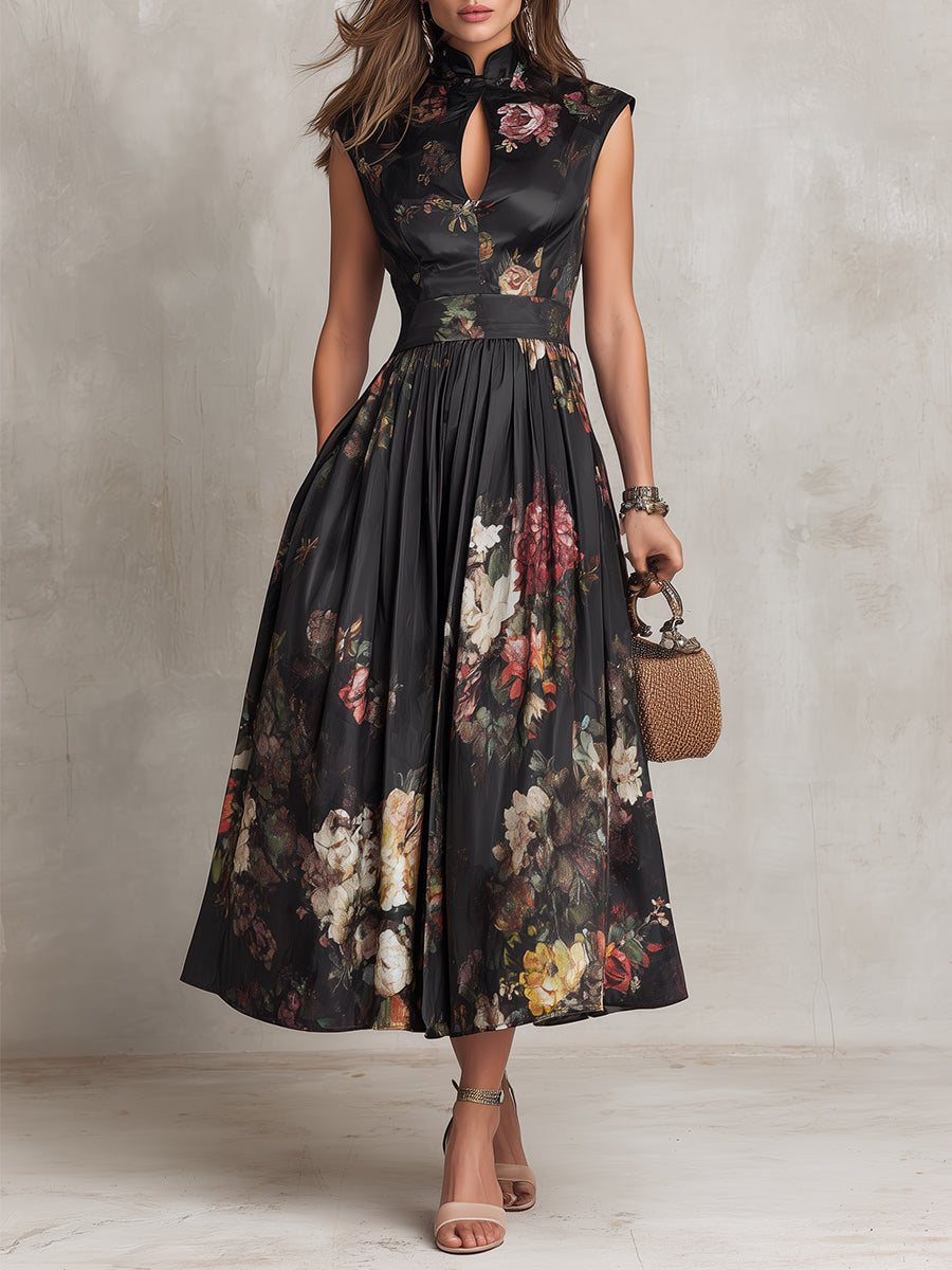 Violeta - Vestido midi negro de satén plisado con estampado floral y escote en forma de ojo de cerradura