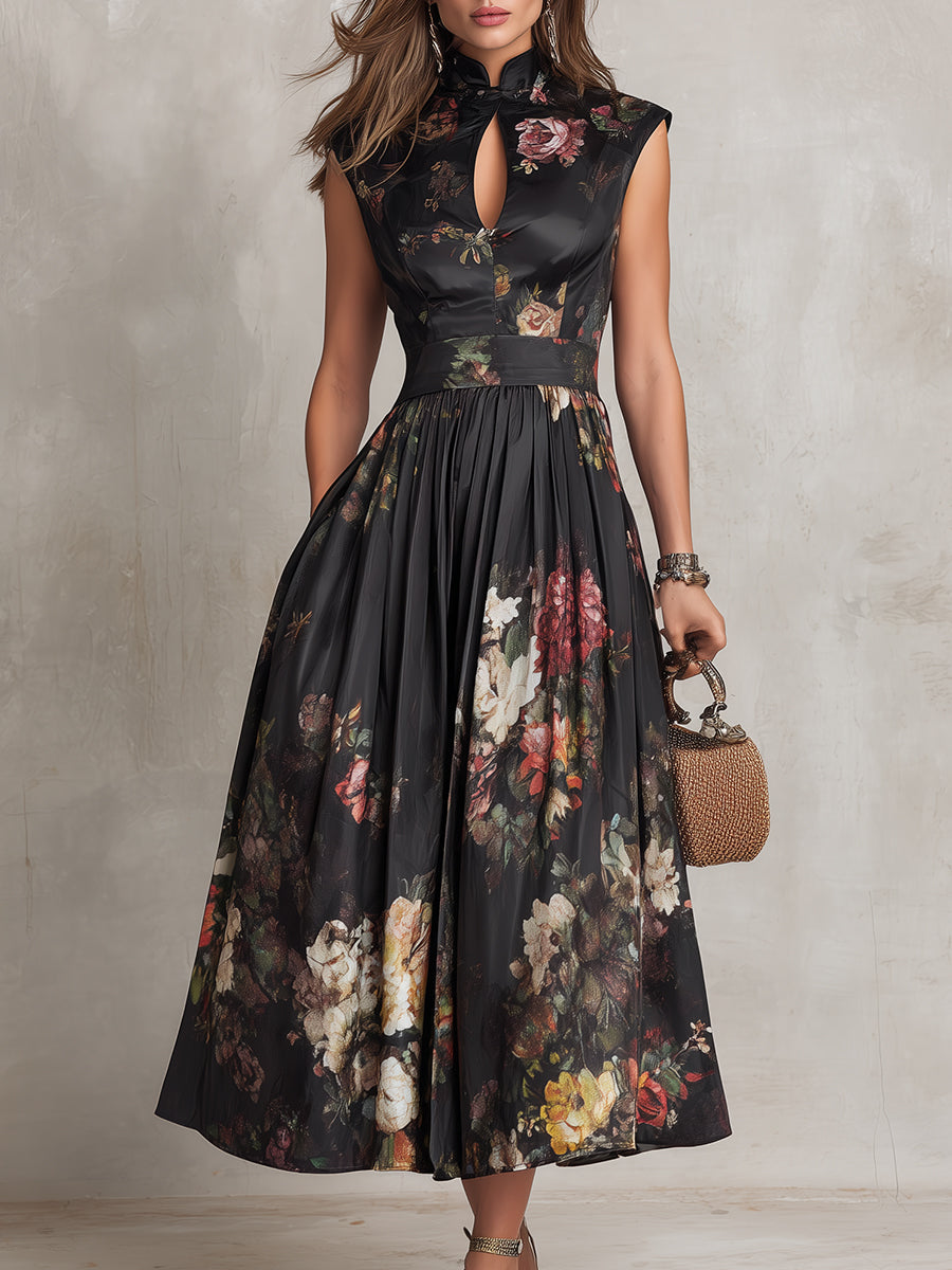 Violeta - Vestido midi negro de satén plisado con estampado floral y escote en forma de ojo de cerradura