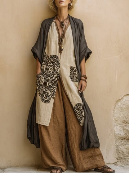 Julia- Conjunto de tres piezas «Bohemian Nomad» en gris oscuro y marrón con estampado tribal