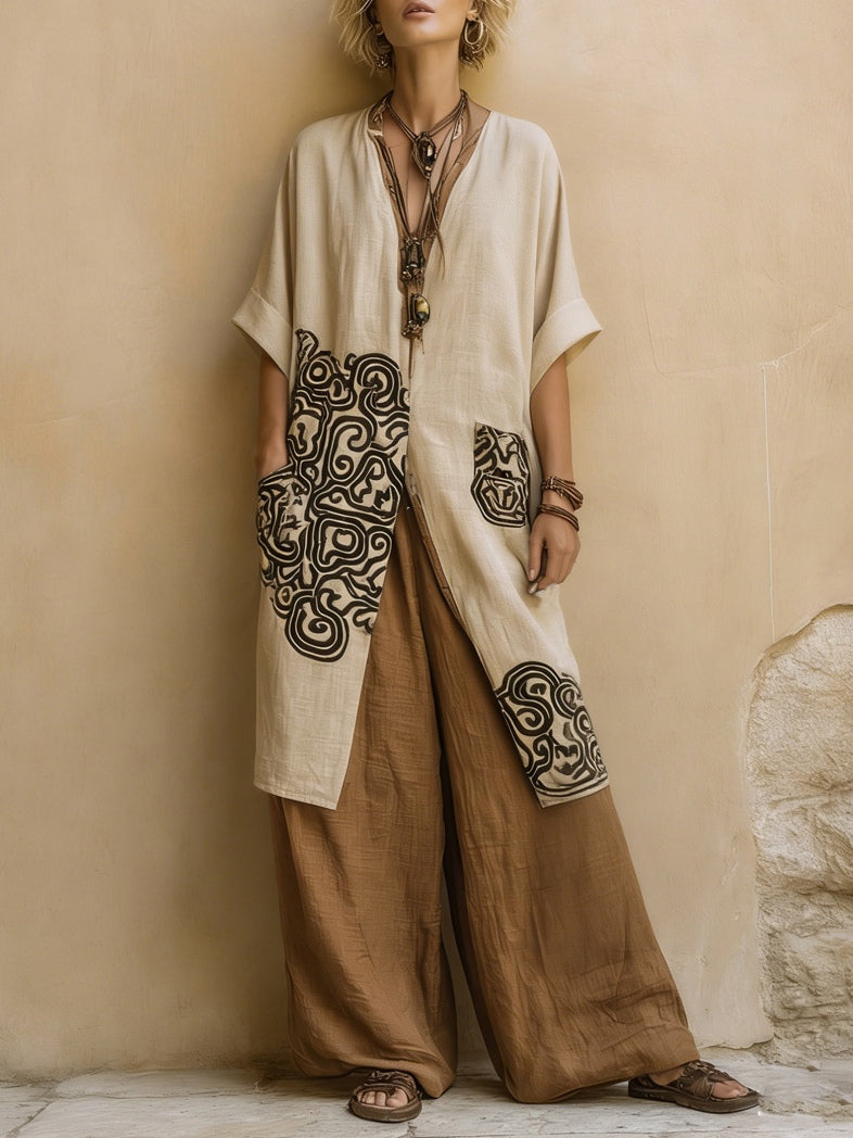 Julia- Conjunto de tres piezas «Bohemian Nomad» en gris oscuro y marrón con estampado tribal