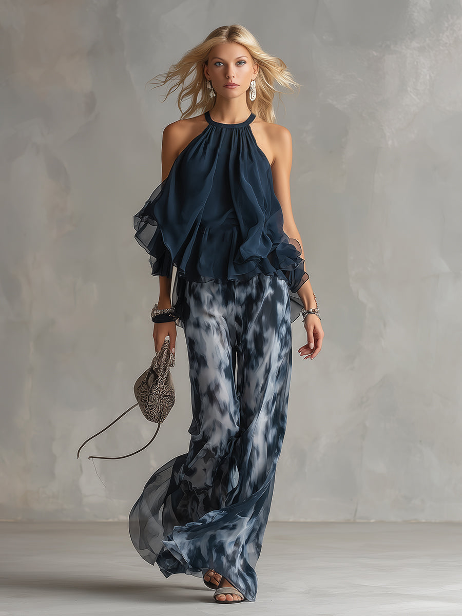 Ludovica | Elegante conjunto de top halter azul marino y pantalón ancho estampado