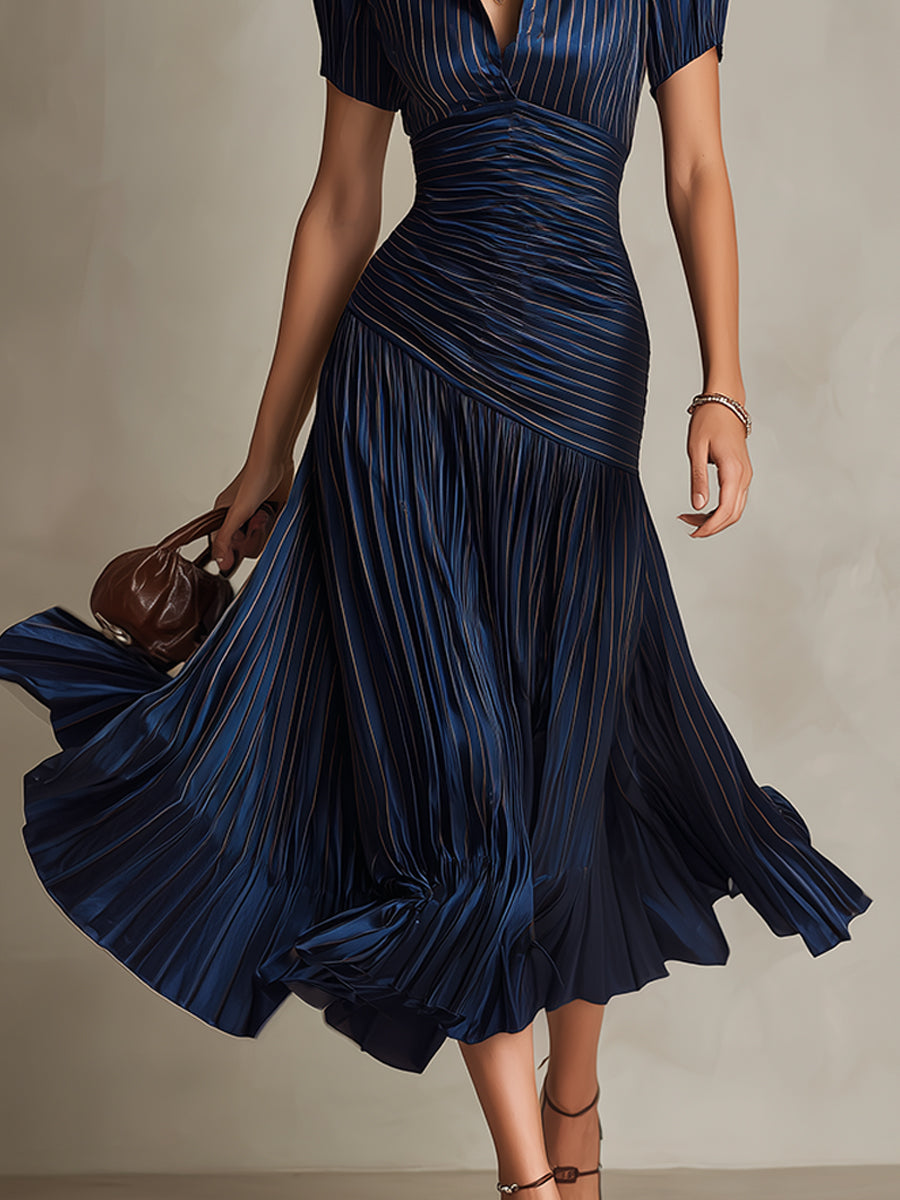 Adriana - Vestido midi de satén a rayas de estilo retro