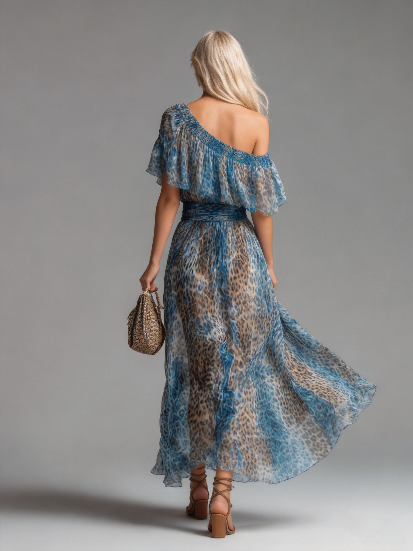 Salvaje- Vestido largo de gasa con estampado de leopardo y diseño con hombros al aire