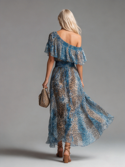 Salvaje- Vestido largo de gasa con estampado de leopardo y diseño con hombros al aire
