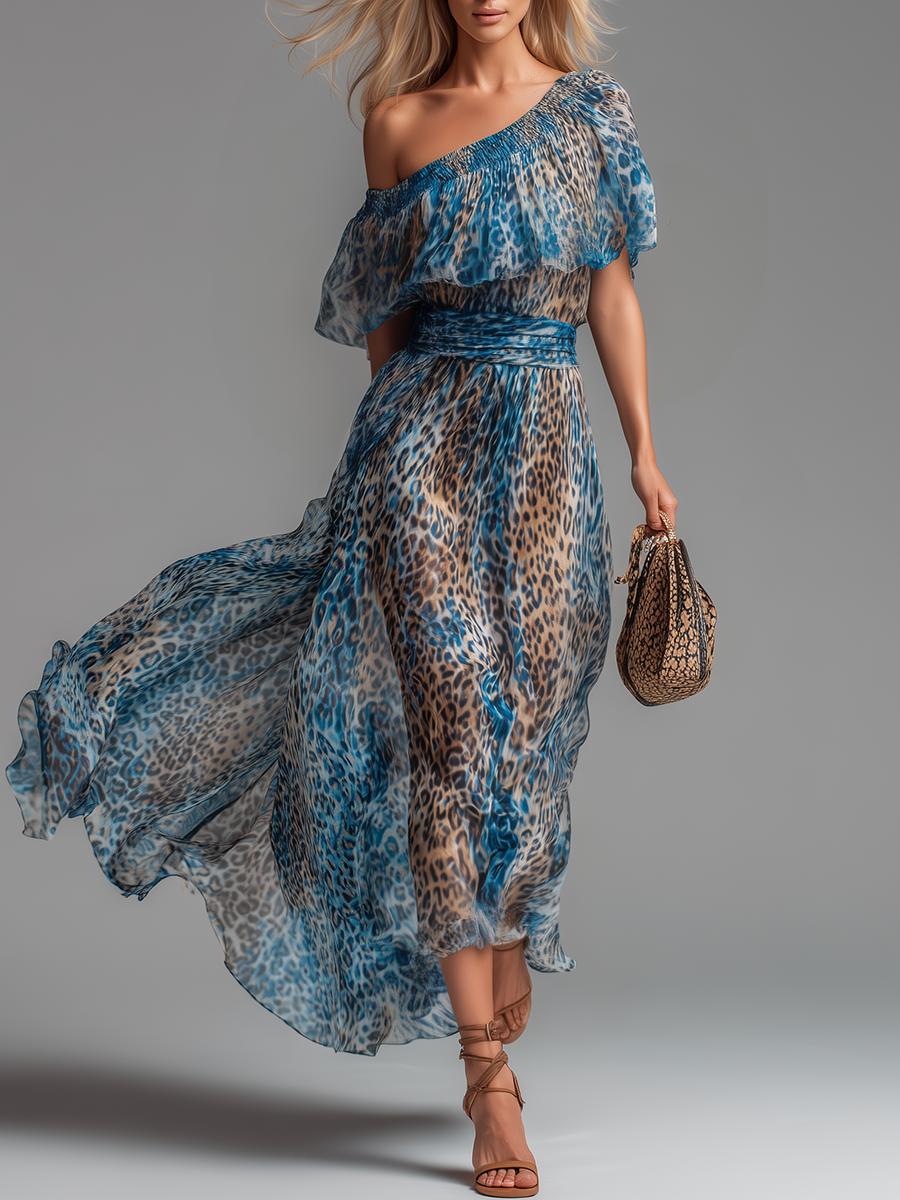 Salvaje- Vestido largo de gasa con estampado de leopardo y diseño con hombros al aire