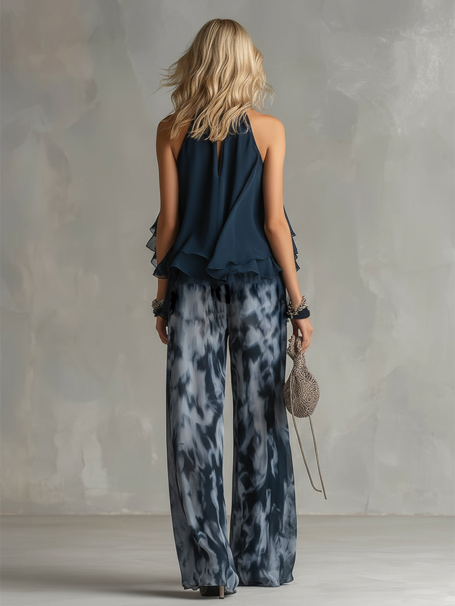 Ludovica | Elegante conjunto de top halter azul marino y pantalón ancho estampado