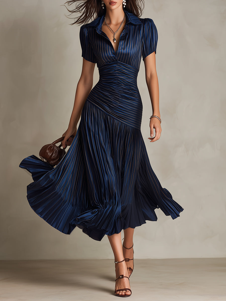 Adriana - Vestido midi de satén a rayas de estilo retro