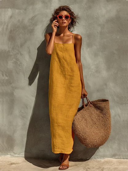 Vestido rojo de algodón para mujer con tirantes finos y cuello cuadrado, vestido atemporal de estilo boho-resort