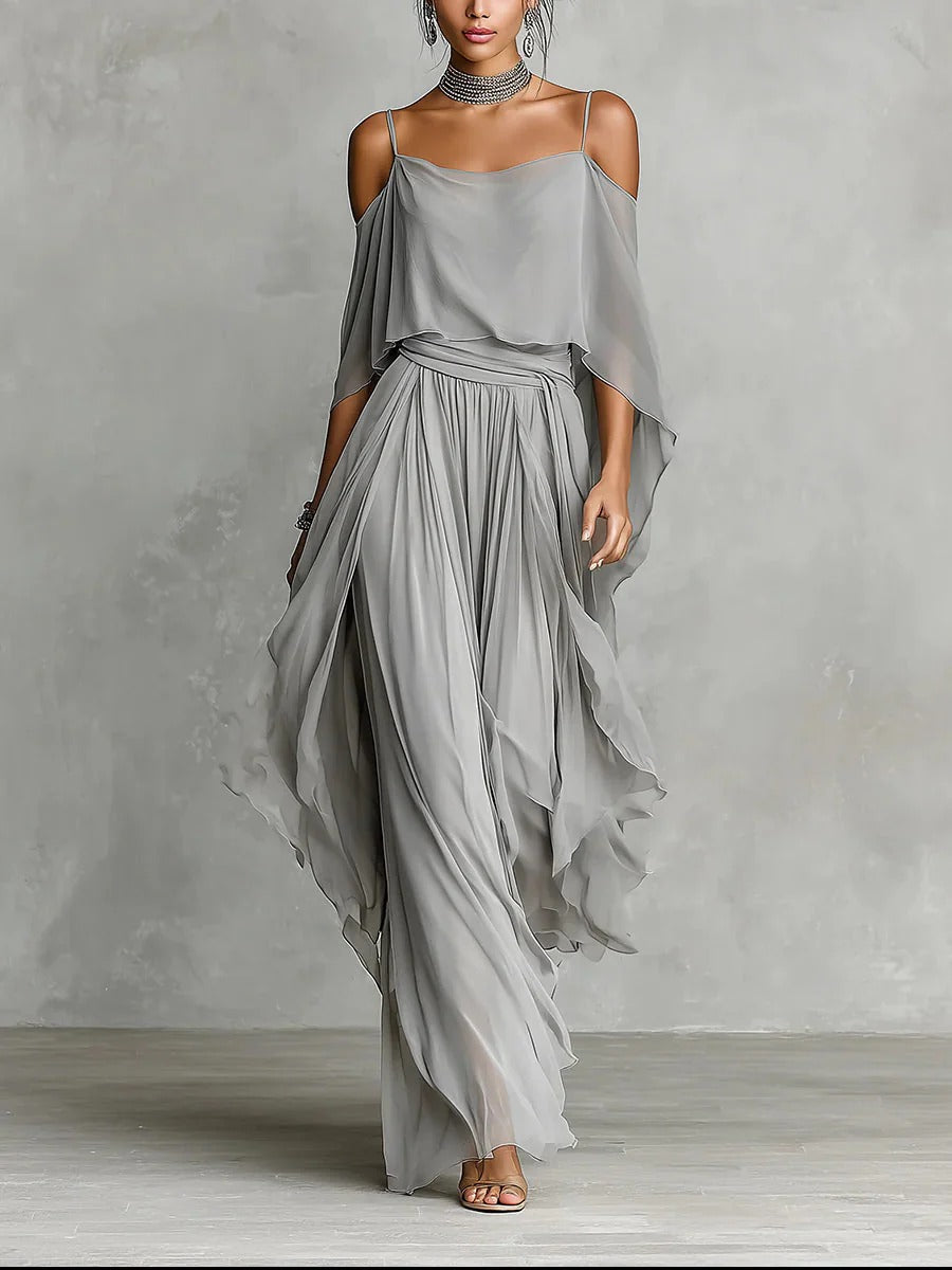 Isabela | Conjunto gris con top de tirantes finos y pantalones ligeros