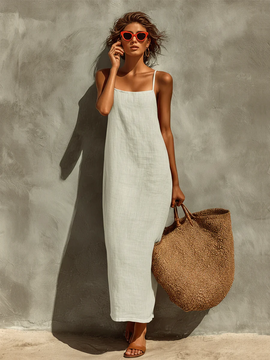 Vestido rojo de algodón para mujer con tirantes finos y cuello cuadrado, vestido atemporal de estilo boho-resort