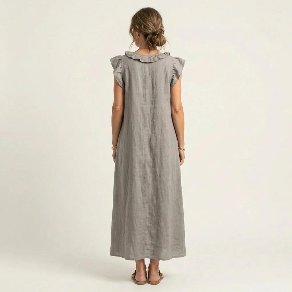 María | Vestido largo de lino con cuello en V y volantes
