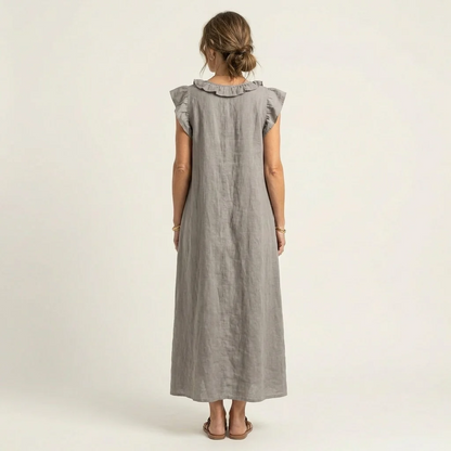 María | Vestido largo de lino con cuello en V y volantes