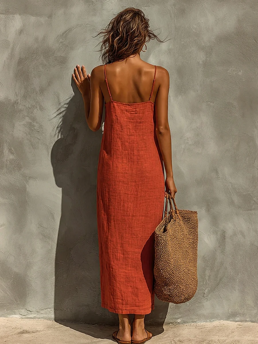 Vestido rojo de algodón para mujer con tirantes finos y cuello cuadrado, vestido atemporal de estilo boho-resort